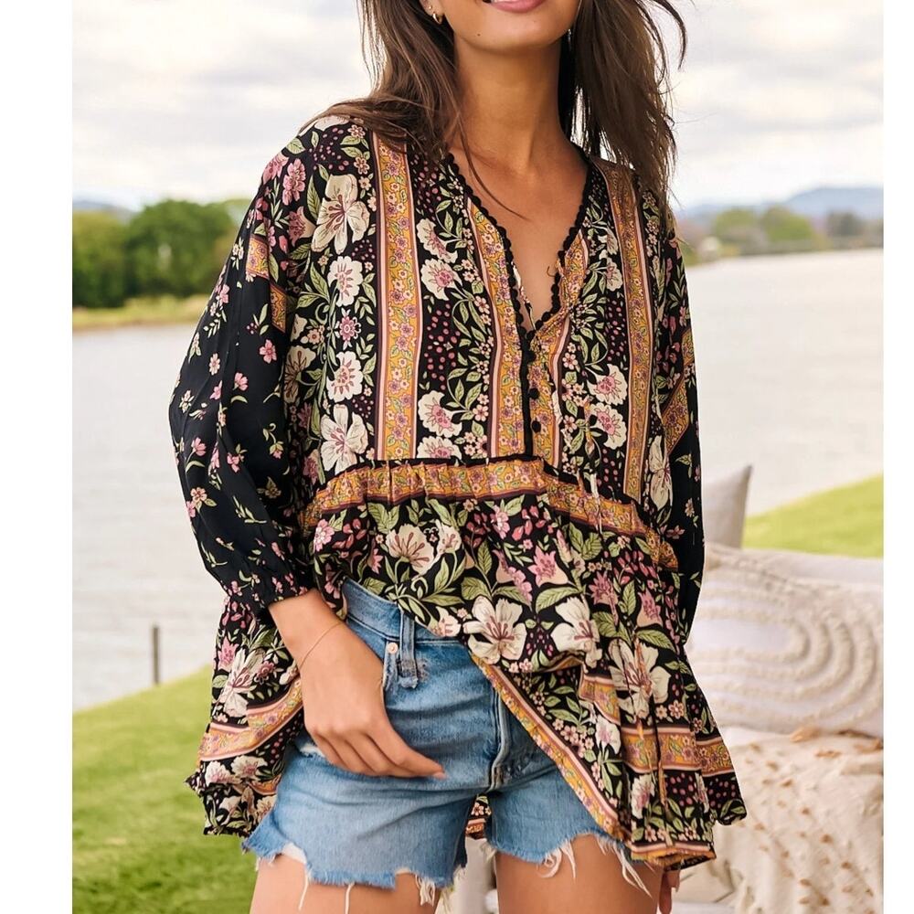 Jaase Chloe Top Womens Size 2X Blue Gold Boho Babydoll Peasant Floral Festival